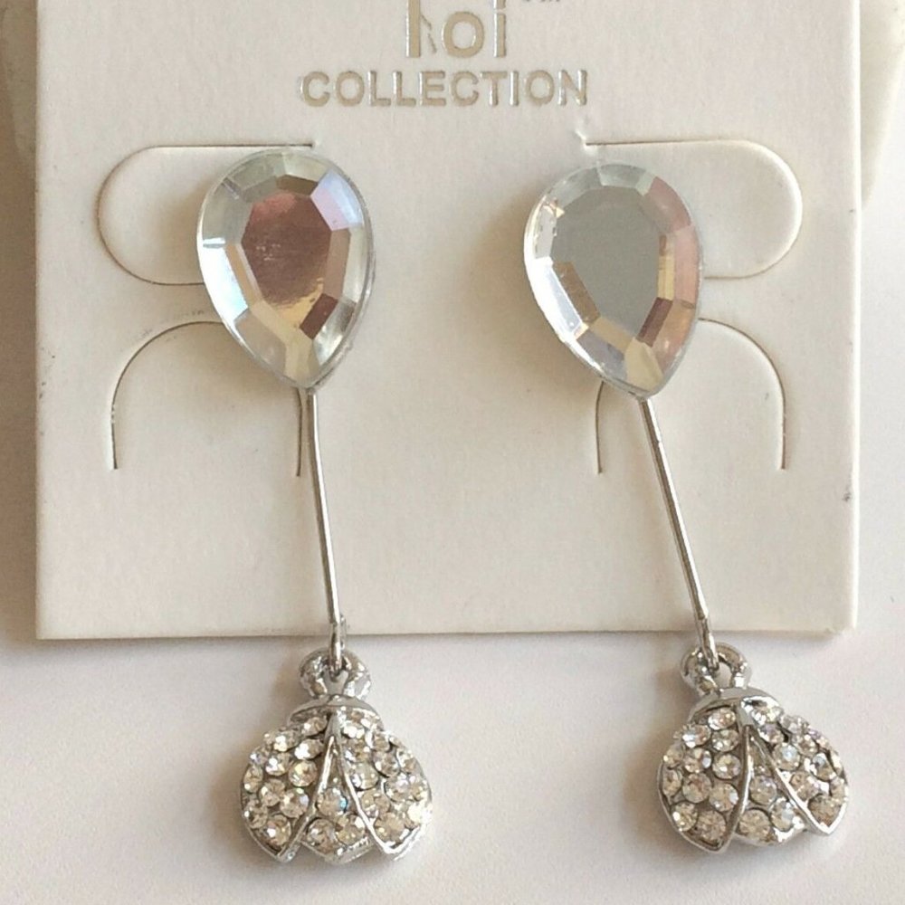 Silver Crystal Ladybug Earrings Teardrop Sparkly